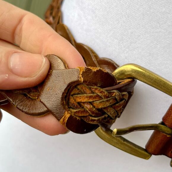 VTG Braided Leather Belt M/L Brown Brass Buckle Boho Western 90s Style - Picture 6 of 8